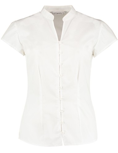 KUS-KK727-Tailored Fit Mandarin Collar Poplin Blouse Cap Sleeve
